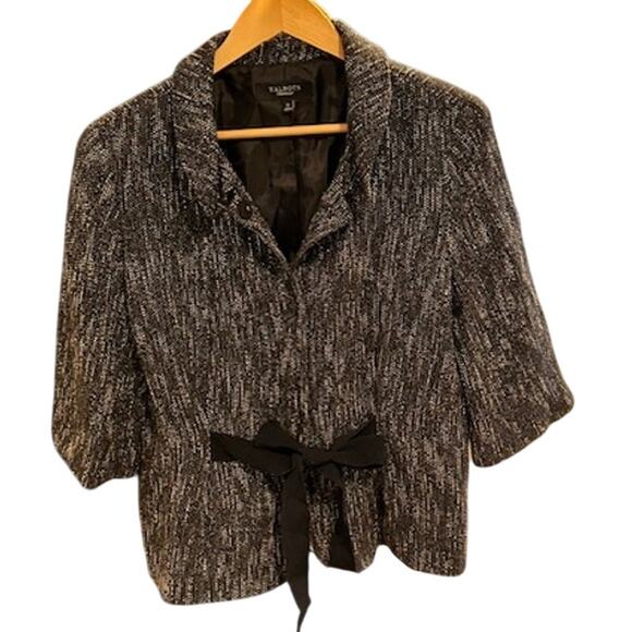 TALBOTS Black White Tweed Tie Front Blazer Business Corpcore 3/4 Sleeve Size 14 - Picture 1 of 11